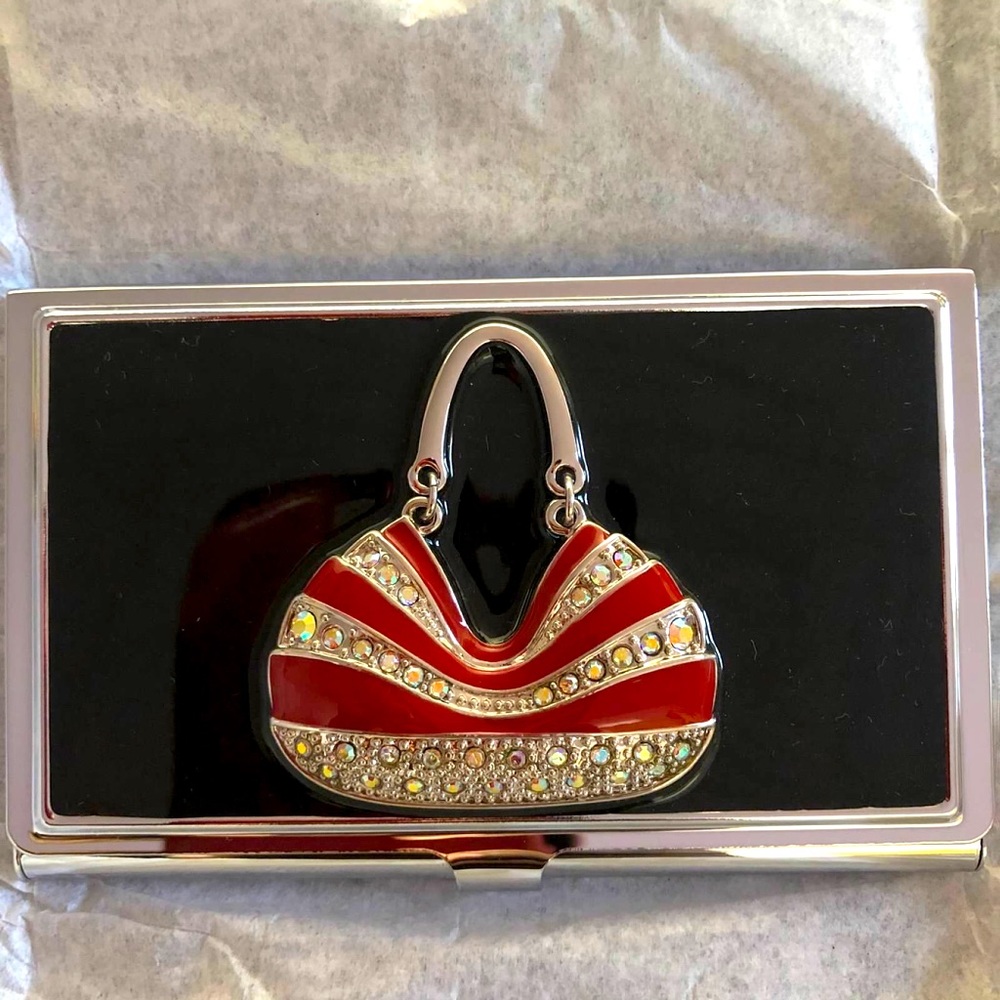 Spring Street Silver Tone Black Business Card Holder With Red Purse Ornament.